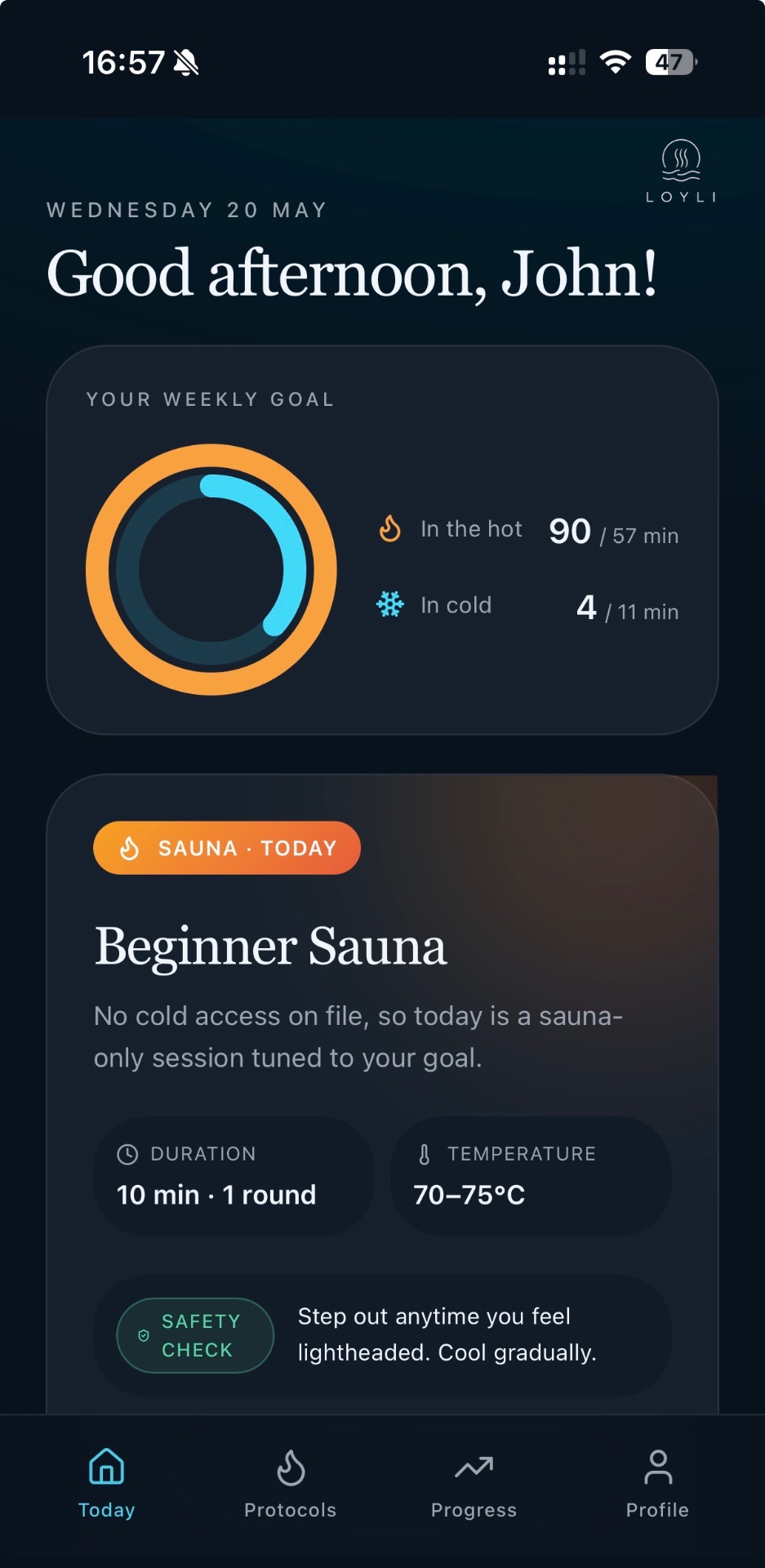 Loyli app showing today's sauna protocol and weekly goal
